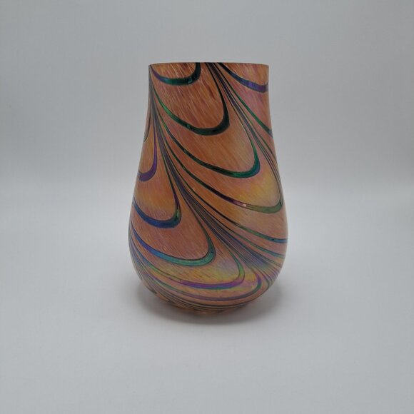 Brown Pulled Feather Iridescent Art Glass Vase - Picture 1 of 8